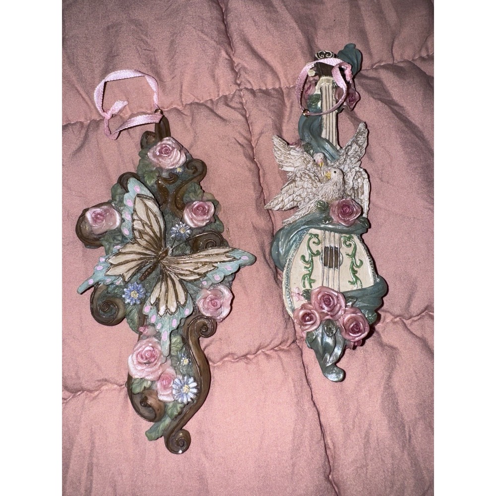 Set Of 2 Victorian Ornaments Mandolin White Dove & Butterflies Christmas